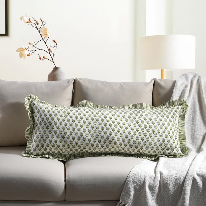 CPC Block Print Emerald Green Ruffle Cotton Lumbar Pillow Cover 14x36 inch by COTTONPRINTCLUB