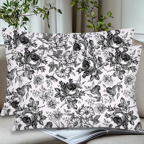 Black and White Porcelain Floral Throw Pillow Cases Queen Size Set of 2 - Image 3