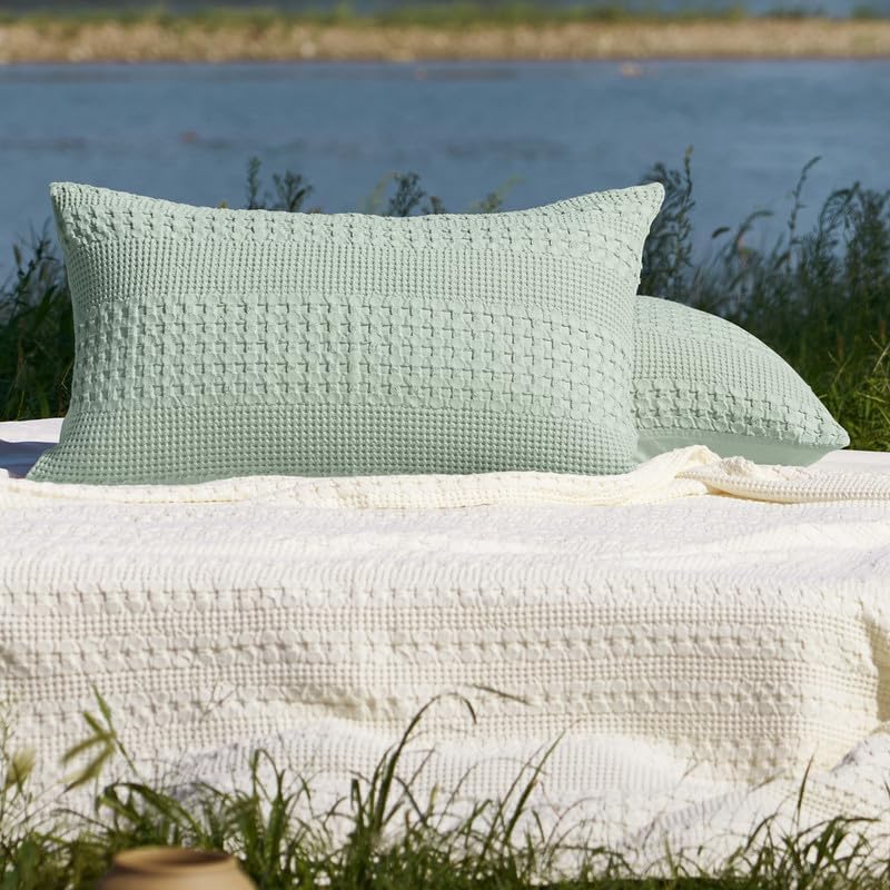 PHF Cotton Waffle Pillow Shams Queen Size 20" x 30", Mint Green, No Insert - Image 6
