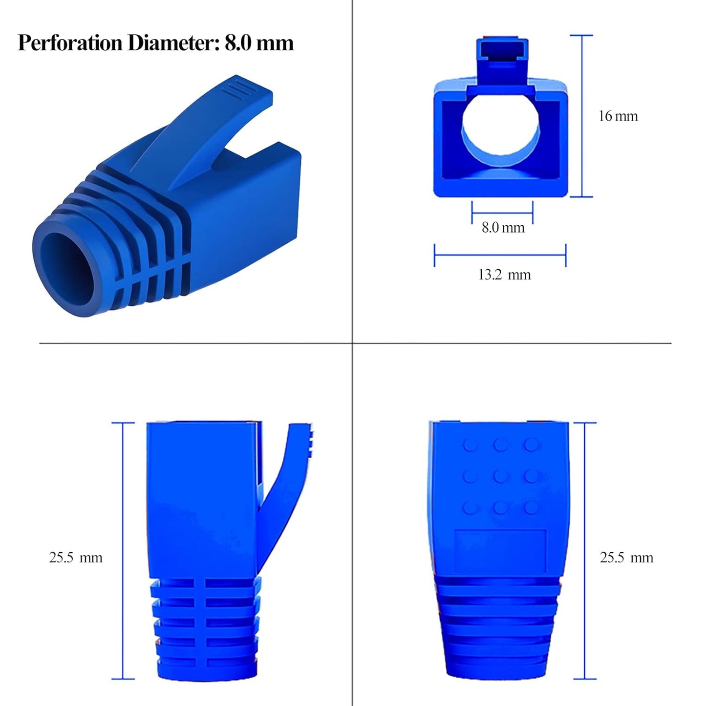 50-Pack RJ45 Boot Cover, Cat6A Cat7 Ethernet Network Cable Strain Relief Boot for 6.5-8.0mm Ethernet Cable (Hole Diameter: 8.0mm, Blue)