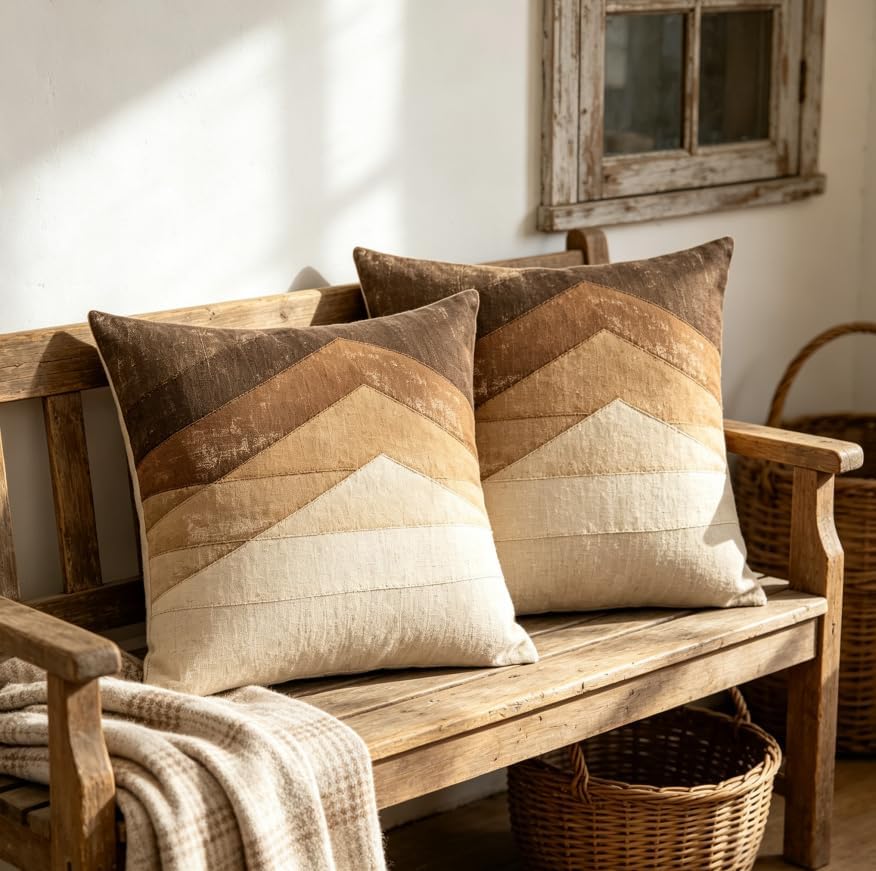 Linen Throw Pillow Covers Set of 2 Mountain Patchwork 18x18in - Image 5