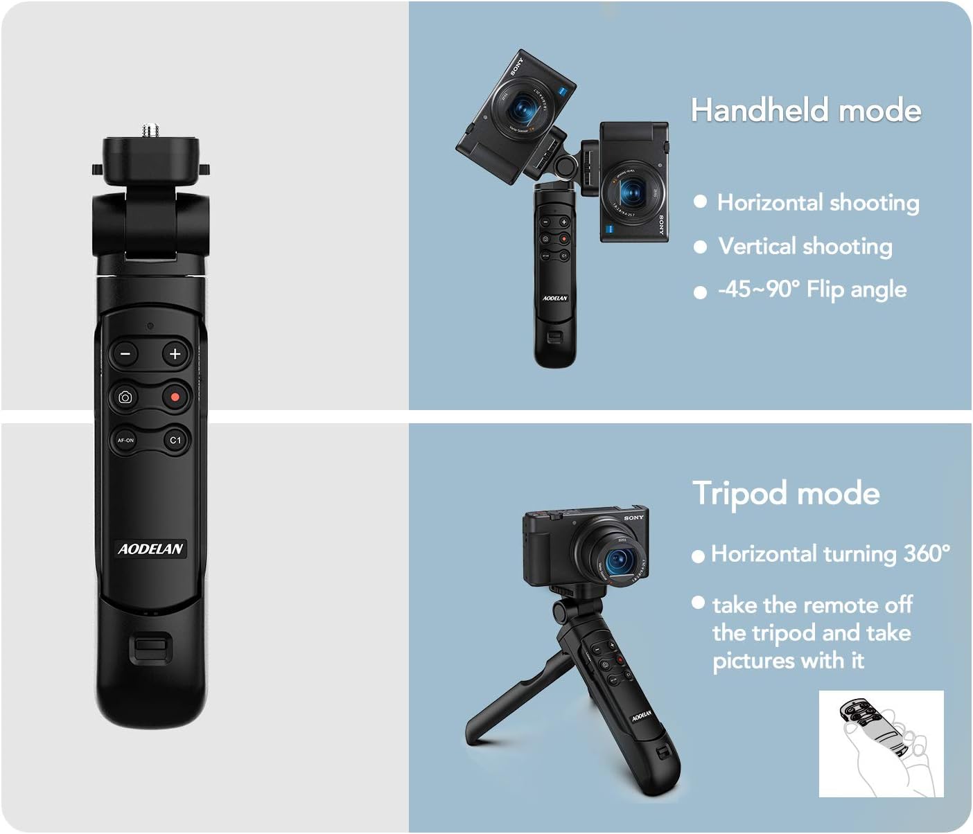 AODELAN Wireless Shooting Grip Tripod with Remote Control for Vlogging, for Sony ZV-E10,ZV-1F, ZV-E10 II, a6100, a6400, a6600, a7 III, a7R III, a7R IV, a9, a9 II, Replace Sony GP-VPT2BT