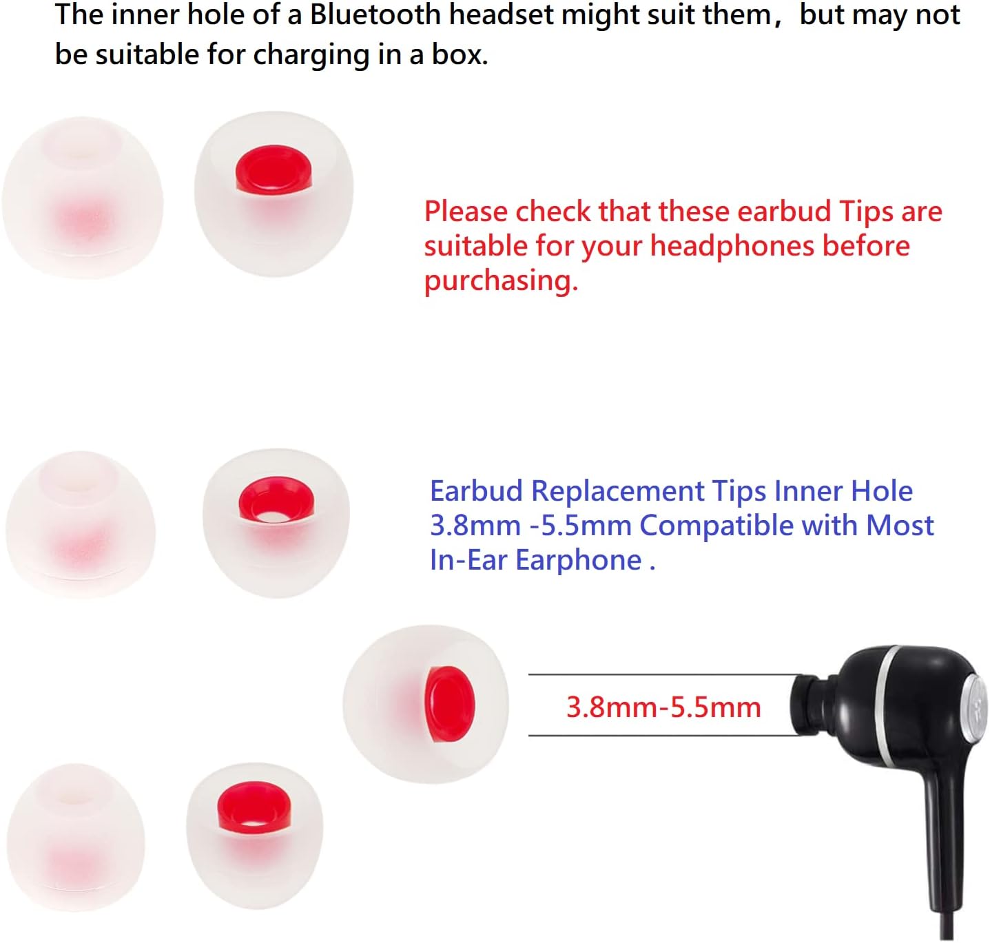 Silicone Earbud Tips - Soft & Comfortable Earphone Cushions, 18 Pairs (S/M/L) - White & Red, Fits 3.8mm-5.5mm Inner Hole, Compatible with Most in-Ear Headphones