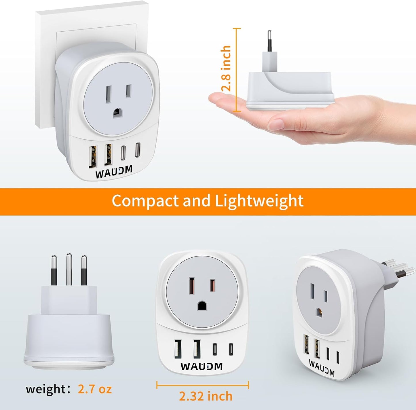 2 Pack Italy Travel Power Adapter, Italy Travel Plug Adapter with 2 USB and 2 USBC Ports, L-Shaped 3-Pin Ground Plug for USA to Italy Uruguay Chile Rome