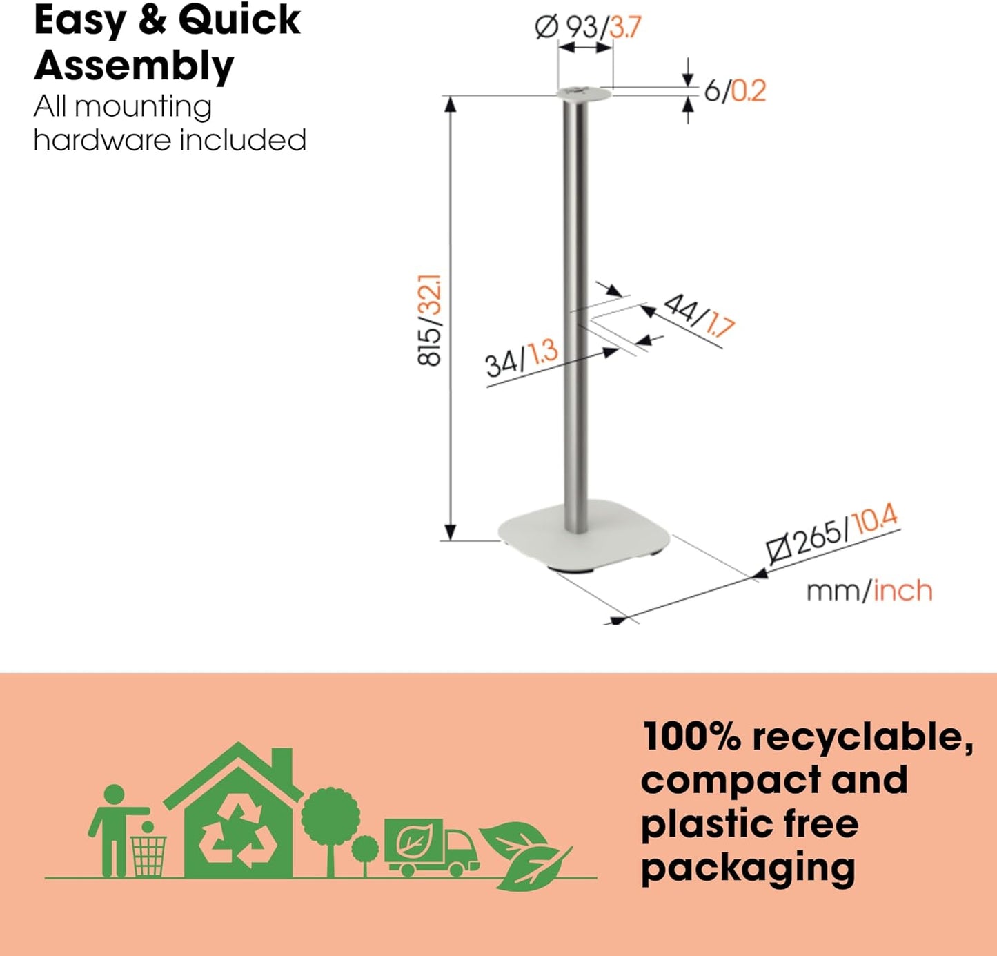 Vogel's SFS 4113 Speaker Floor Stand for Sonos ERA 100, Cable Inlay System, Height: 32,3 inch (82 cm), Exceptionally Stable, White, 1 Floor Stand