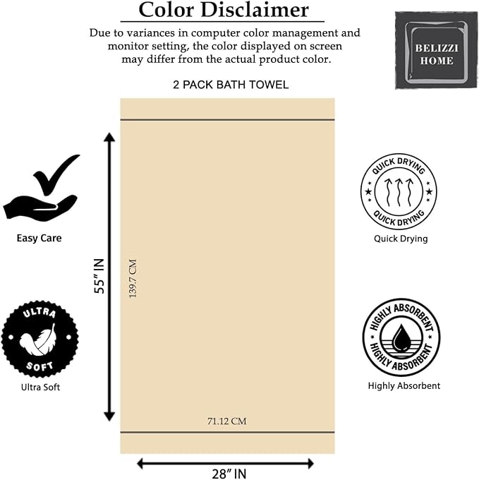 Belizzi Home Ultra Soft 2 Pack Oversized Bath Towel Set 28x55 inches, 100% - Image 7