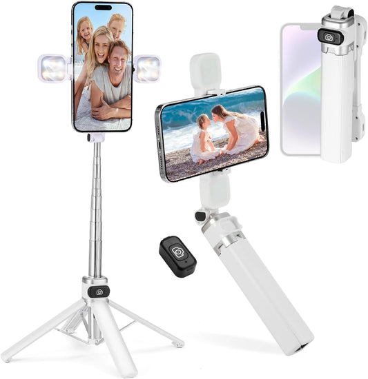 Mini Phone Tripod Stand,MQOUNY 38" Phone Tripod &Selfie Stick with Wireless Rechargeable Remote & Removable Light, Extendable Tripod Stand 360 Rotation Compatible with Phone&Android Samsung (White)