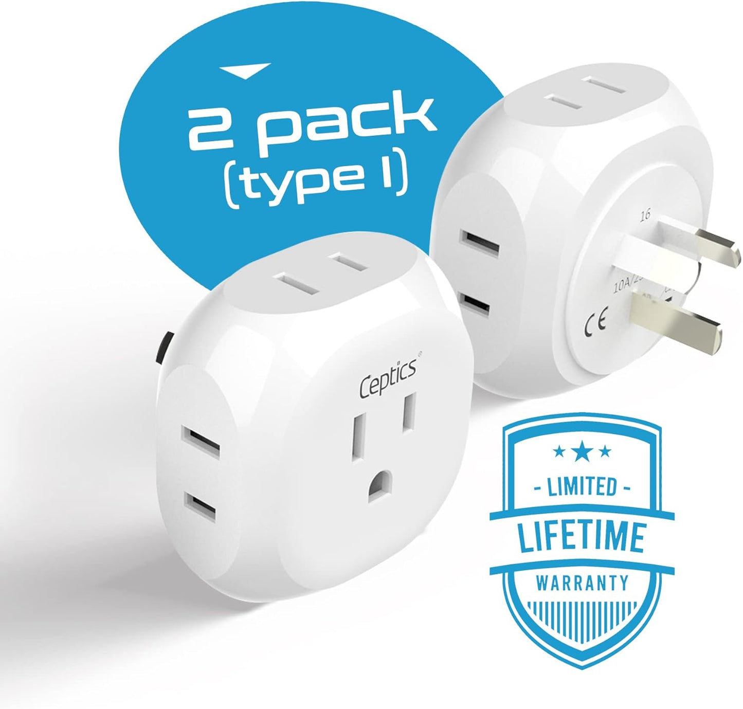 Ceptics Australia, New Zealand, China Travel Plug Adapter - 4 Input - Ultra Compact - Light Weight - USA to Any Type I Countries Such as New Zealand and More - 2 Pack (PT-16), White