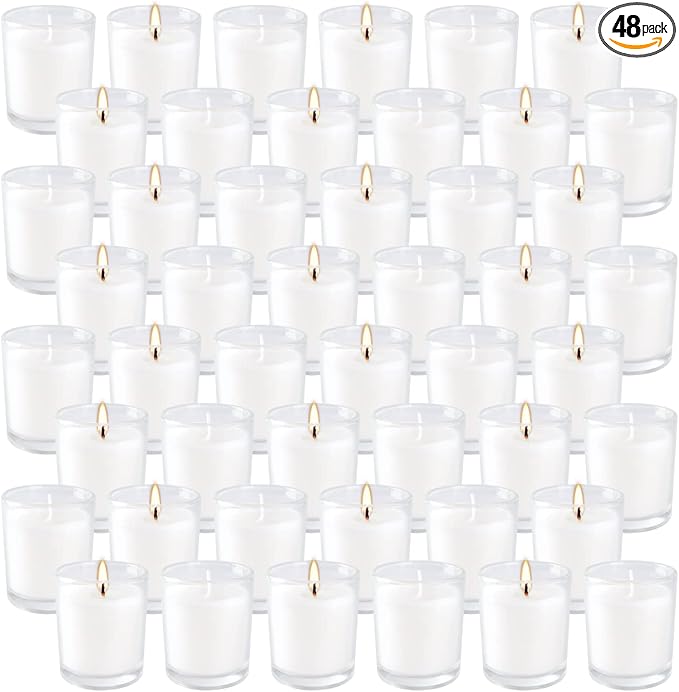 Set of 48 White Votive Candles, Unscented Candles Filled in Clear Glass by YIH