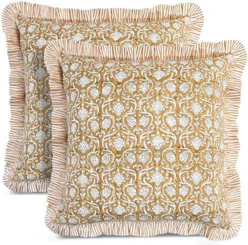 CPC Block Print Ruffle Throw Pillow Cover Mustard Regal 18"x18" by COTTONPRINTCLUB