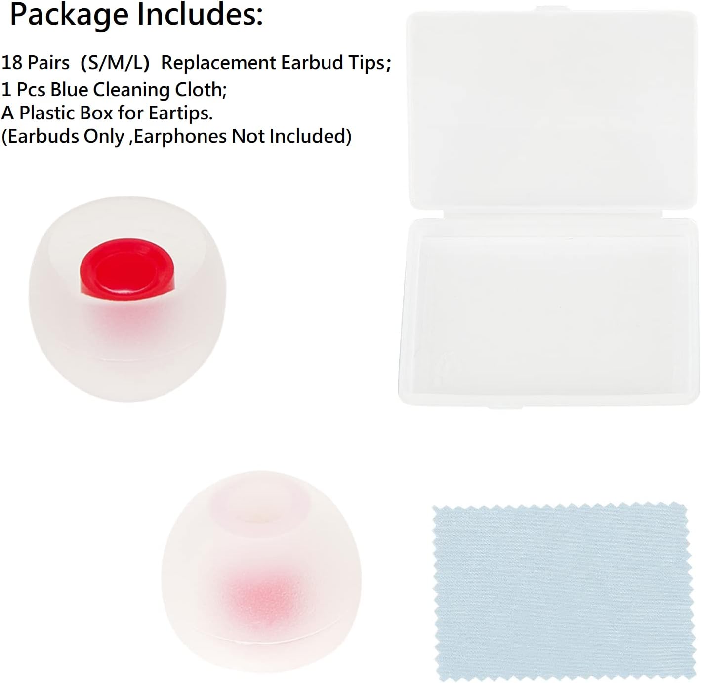 Silicone Earbud Tips - Soft & Comfortable Earphone Cushions, 18 Pairs (S/M/L) - White & Red, Fits 3.8mm-5.5mm Inner Hole, Compatible with Most in-Ear Headphones