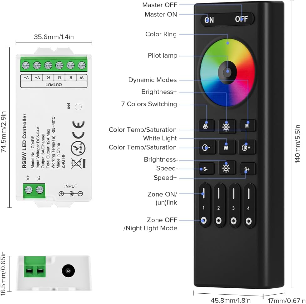 BTF-LIGHTING 2.4GHz Wireless RF Remote RC03RFB &4PCS C04RF Tuya Controller Kit 4 Zones Group Control 5050SMD FCOB COB PWM RGBW (+ R G B W) 5pin LED Strip DC5V DC12V DC24V