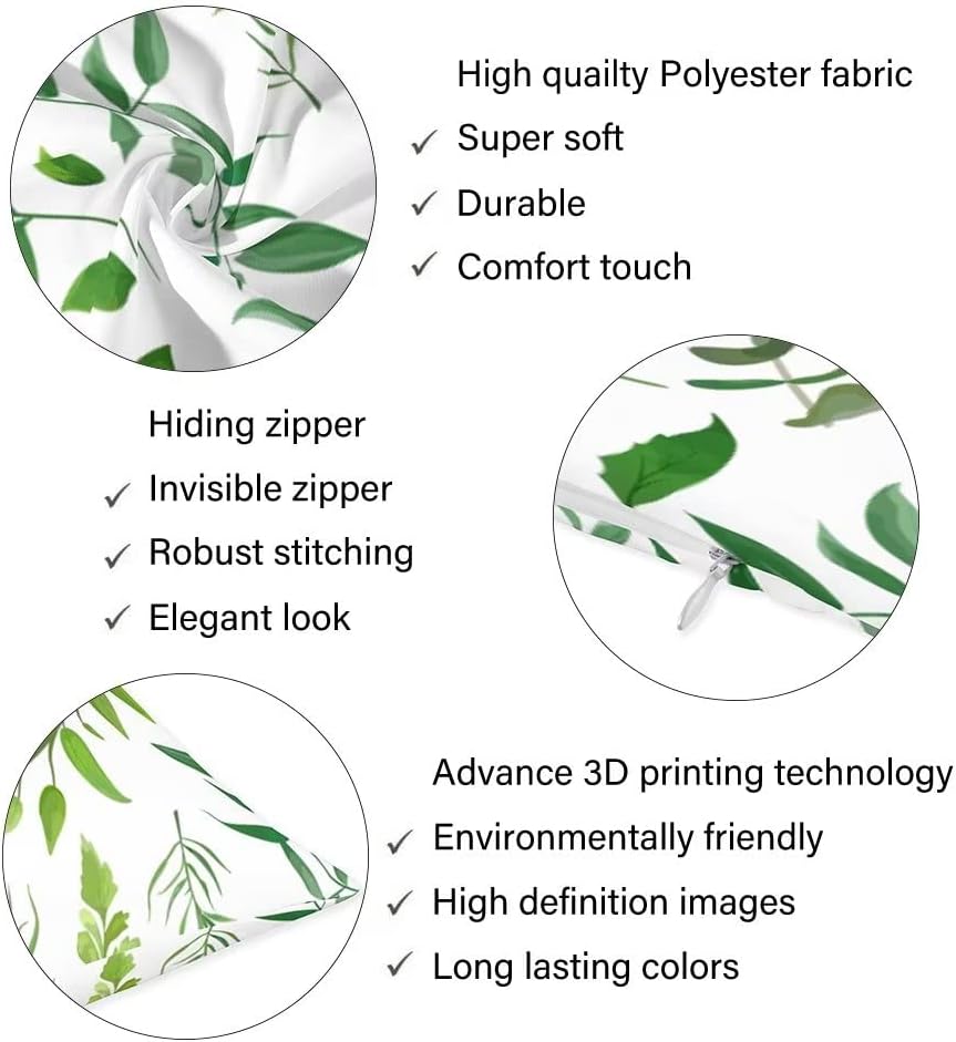 Green Leaf Decorative Pillow Cover, Floral Spring Plant Leaves Design, Zipper - Image 3