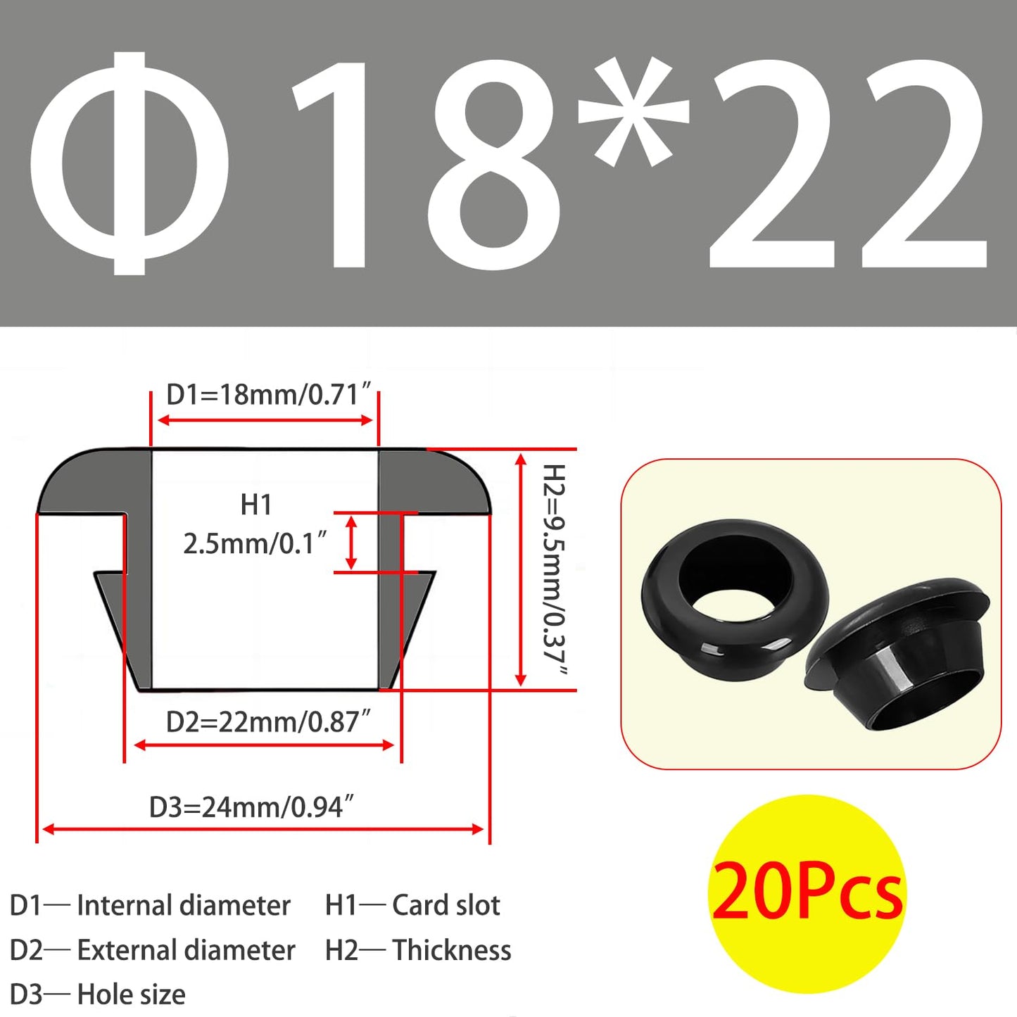 Qrity 20 PCS Rubber Grommets Cable Railing, Car Grommet, Cable Railing Protective Sleeves for Metal Posts, ID 18mm Mount Dia 22mm