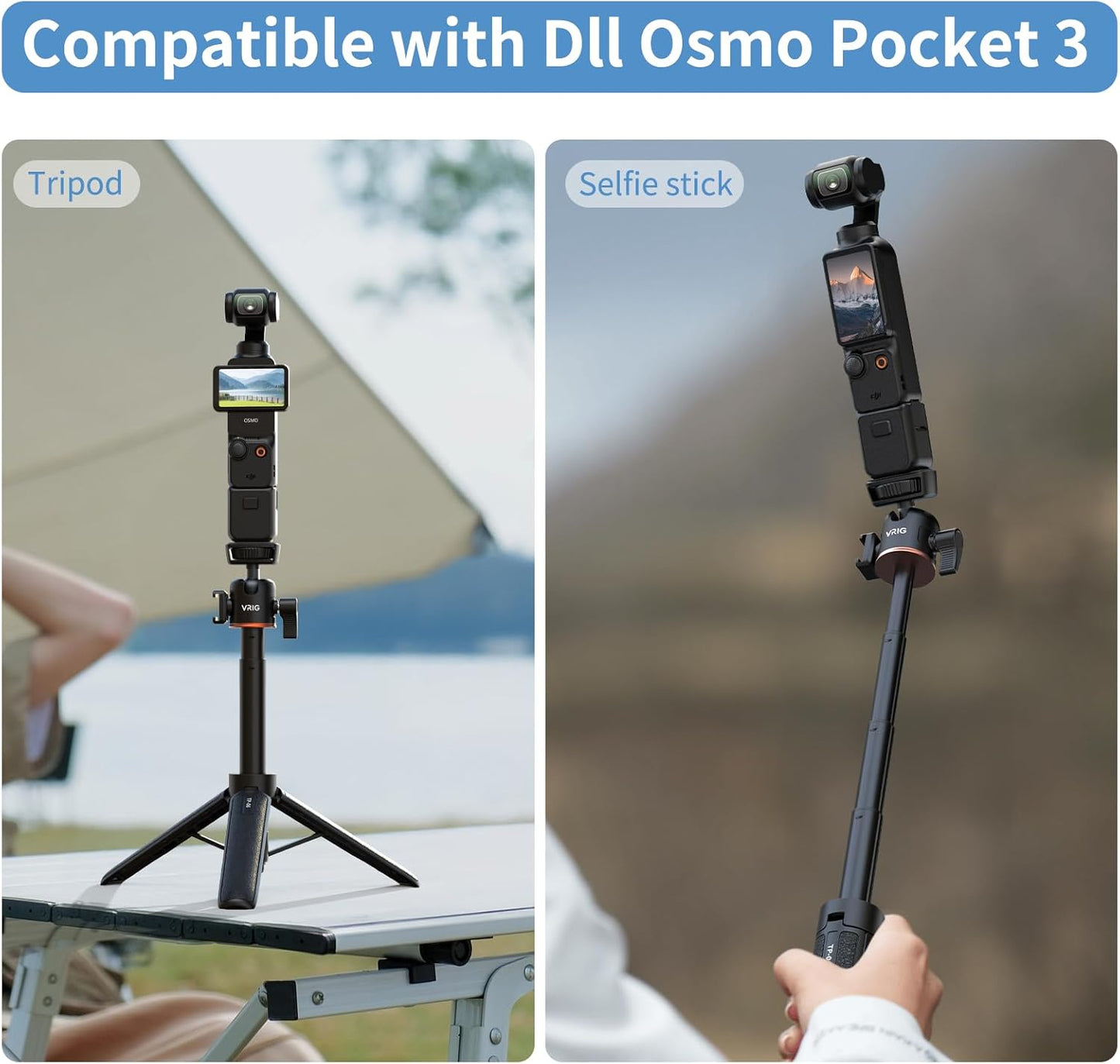 VRIG 21.6" Extension Pole Tripod, Mini Selfie Stick Tripod Stand Handle Grip for DJI Osmo Pocket 3,Insta 360 X5 Webcam Canon G7X Mark III Sony ZV-1 RX100 VII A6400 A6600 Cameras Vlogging