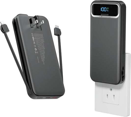 12000mAh Lightweight-Portable-Charger-Power-Bank with Built-in Cables and AC Wall Plug, PD20W USB-C Fast Charging Battery Pack, LED Display External Travel Phone Charger for All iPhone,Samsung,Android