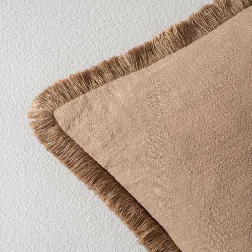 MIULEE Linen Fringe Decorative Fall Euro Throw Pillow Covers Brown 22x22 - Image 3