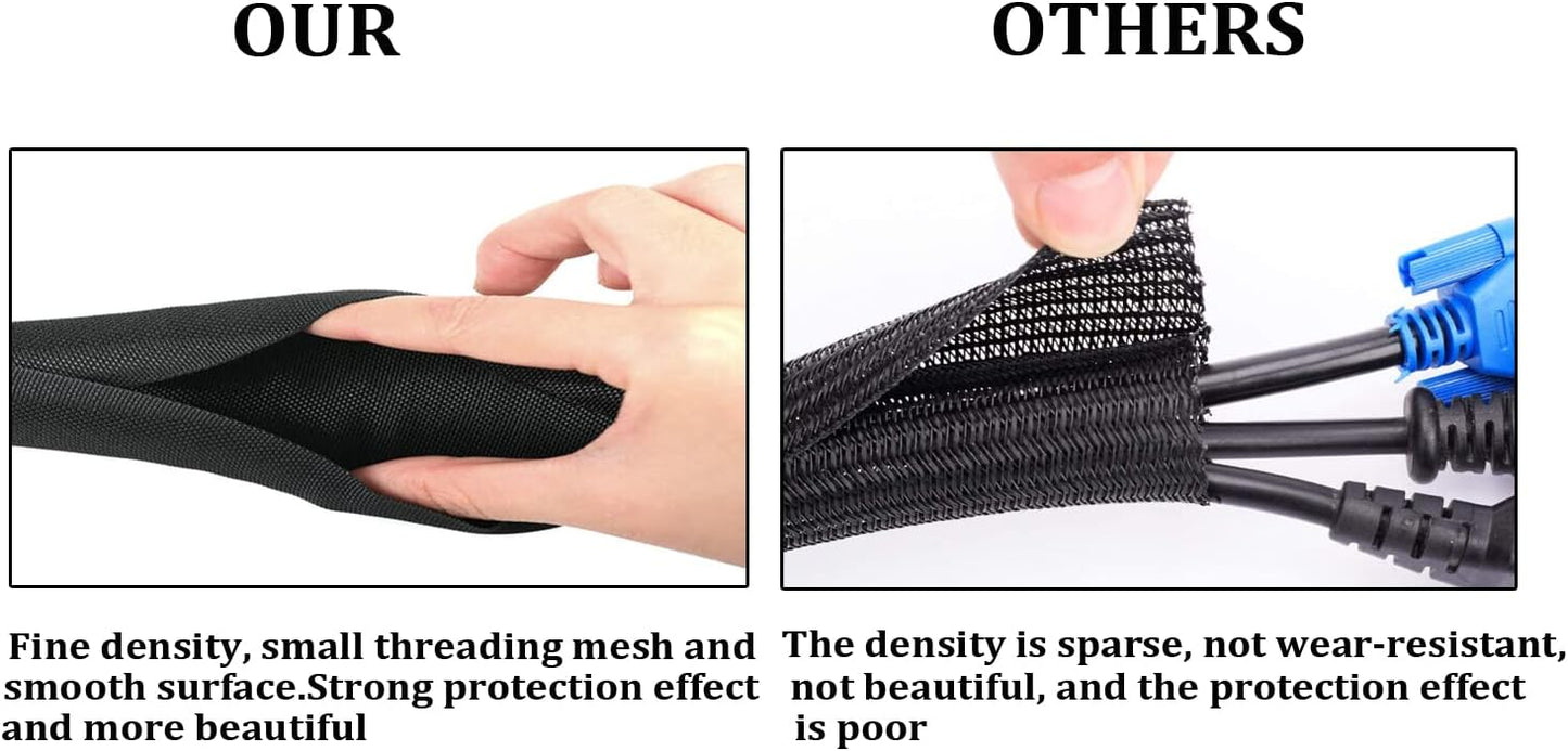 Black Braided Cable Management Sleeves Wire Loom Tubing Cord Protector Self-Wrapping (1/4"-30Feet)