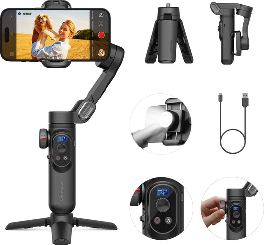Gimbal Stabilizer for Smartphone with Wireless Charging iPhone Gimbal for iPhone 15 Pro Max/Android Foldable 3-Axis Handheld Phone Stabilizer for Video Recording Face Tracking-Smart X Pro