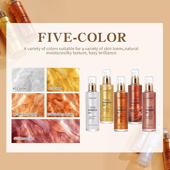 Liyalan Shimmer Body Oil Golden Brown 5 Color Bronze Face Glow Pearl - Image 6