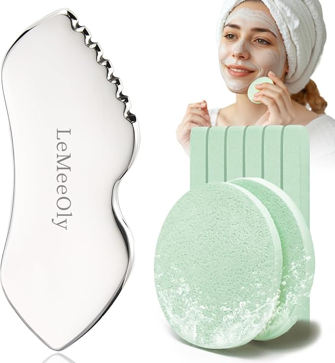 LeMeeOly Gua Sha Facial Tools Stainless Steel & Compressed Facial Sponges by LeMeeOly