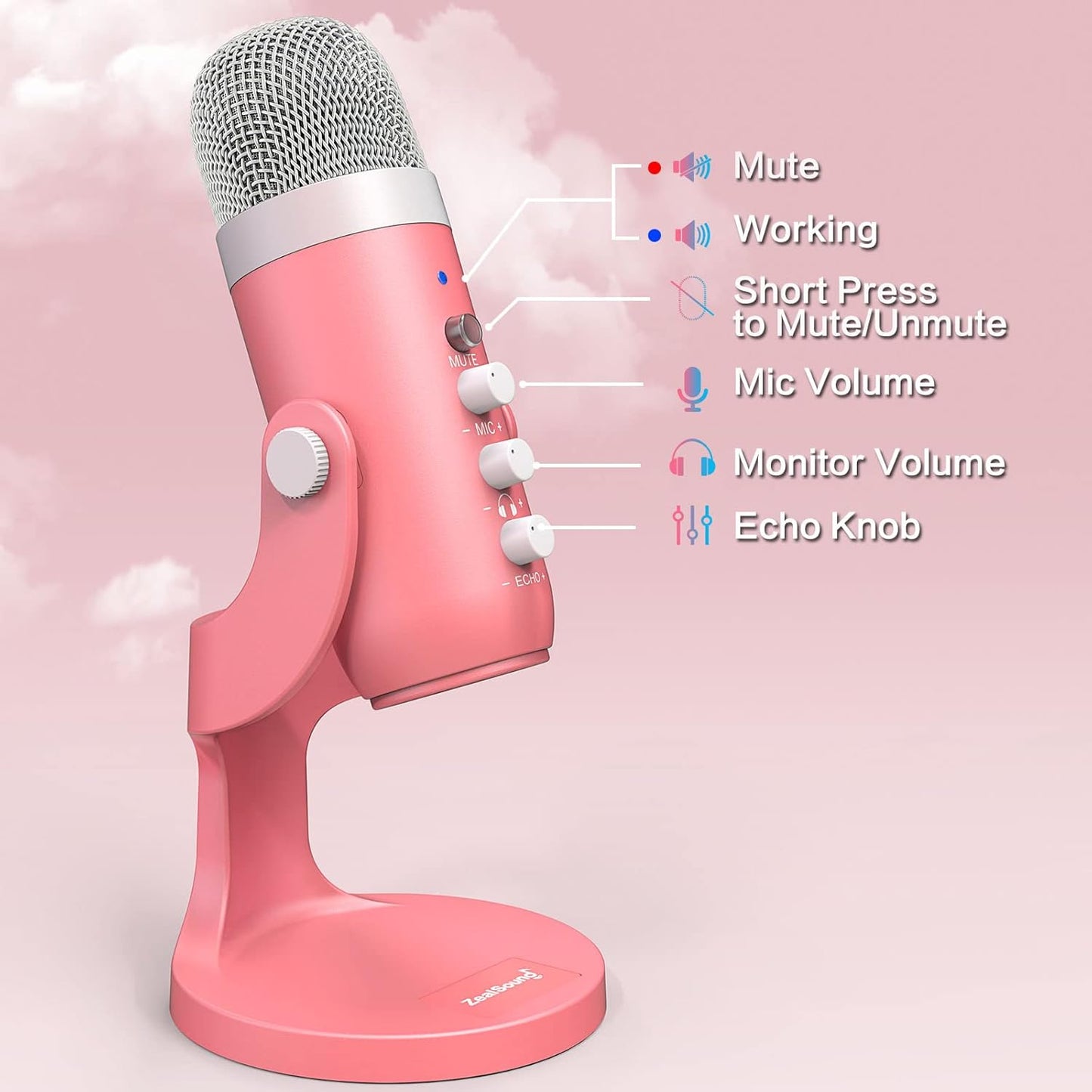 ZealSound Gaming USB Pink Microphone with Quick Mute for Phone Computer PC PS5,Studio Mic with Gain Control,Echo&Monitor Volume Adjust for Streaming Vocal Recording ASMR Podcast Video K66