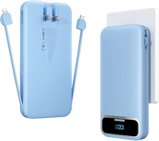 12000mAh Lightweight-Portable-Charger-Power-Bank with Built-in Cables and AC Wall Plug, PD20W USB-C Fast Charging Battery Pack, LED Display External Travel Phone Charger for All iPhone,Samsung,Android