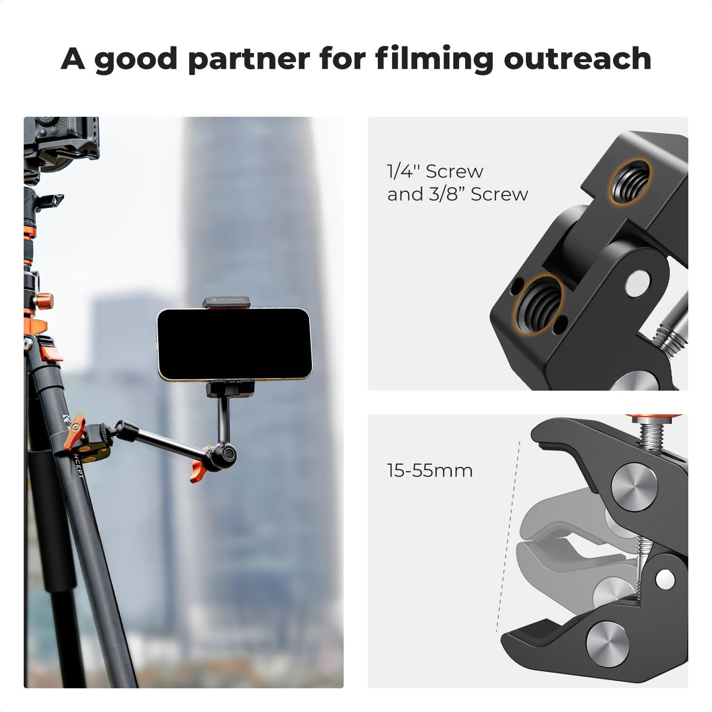 K&F CONCEPT 9.8" Magic Arm Clamp Kit with 1/4" & 3/8" Thread Screw 360° Ball Heads Articulating Magic Arm Camera Mount for Monitor, Flash, LED Light, Microphone, Camera Cage, Action Camera