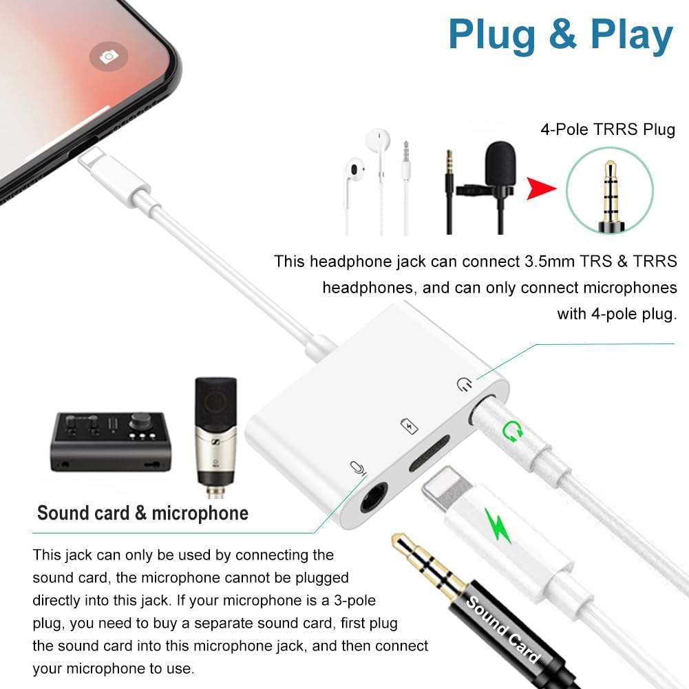 Microphone & 3.5mm Headphone Adapter for iPhone Microphone Adapter for Live-Streaming with Charging Port Lighting to Audio & MIC Adapter Compatible with iPhone/iPad
