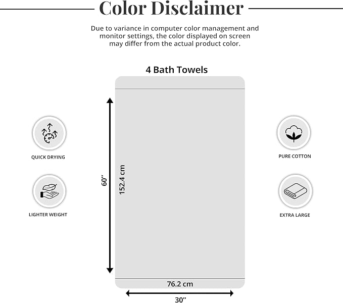 Tens Towels Pack of 4 Extra Large Bath Towels 30 x 60 Inches, 100% Cotton - Image 7