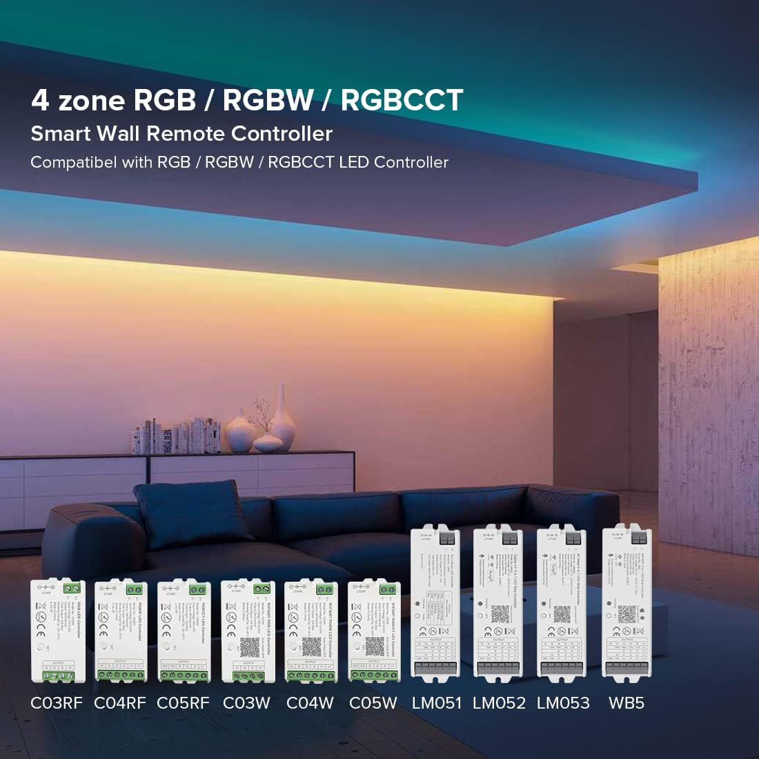 BTF-LIGHTING 4 Zones RGB RGBW RGBCCT Wireless 2.4G RF Wall Mounted Smart Panel Remote Powered by 2XAAA Batteries 3V Work with DR04W WB5 LM052 LM053 C03RF C04RF C05RF C03W C04W C05W Controller
