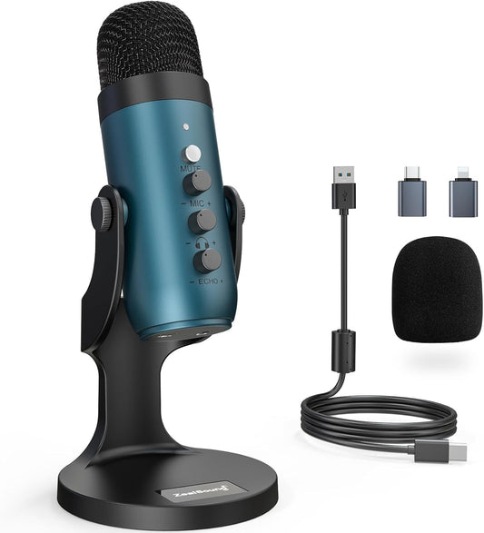 ZealSound USB Condenser Microphone,Computer PC Gaming Mic,Plug&Play Microphones for PS 4&5.Monitor Adjust&Volume Control,Mic Gain Control,Mute Button for TikTok,YouTube Podcast on Mac&Windows(Teal)