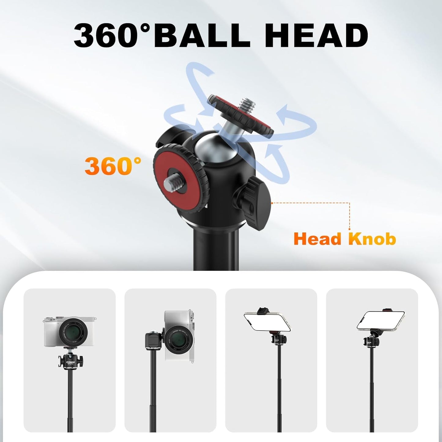 COMAN MT30-Pro Extendable Phone Tripod, 61cm Cell Phone Tripod Stand for iPhone with 360° Ball Head, Selfie Stick Vlog Stand with Remote, Tripod for iPhone 16/15/14/13/12 Pro Max/Android, Black
