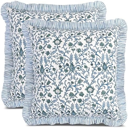 CPC Ocean Vine Hand Block Print 100% Cotton Ruffle Throw Pillow Cover 18x18 inch by COTTONPRINTCLUB