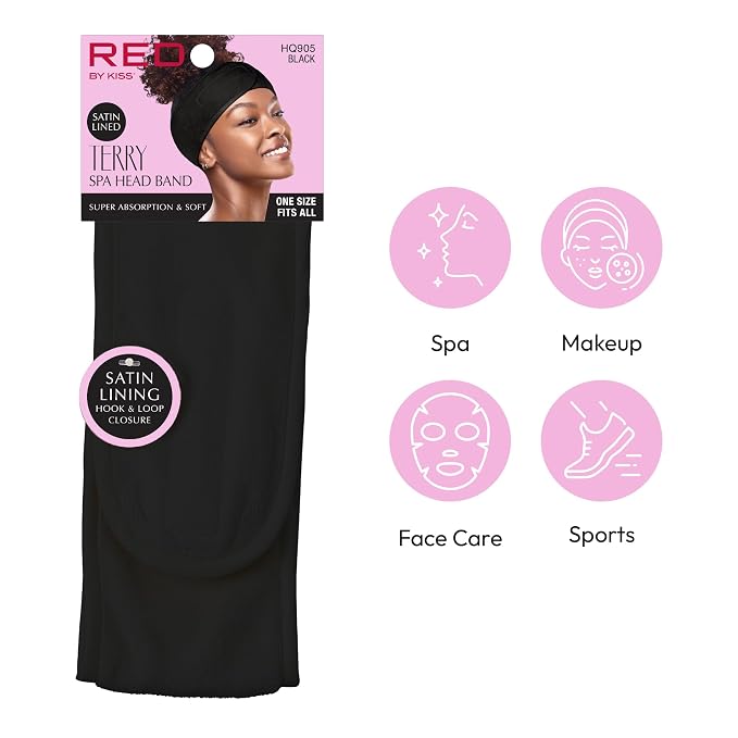 Red by Kiss Spa Headband for Washing Face, Adjustable Velcro Wrap Facial Makeup - Image 2