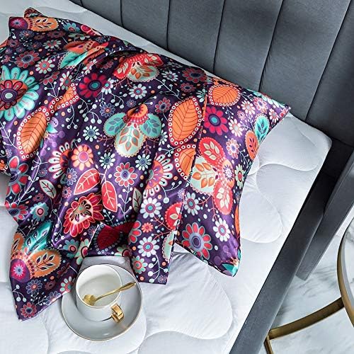 Floral Printed Satin Pillowcase, Queen Cooling Pillow Cases Set of 2 - Image 6