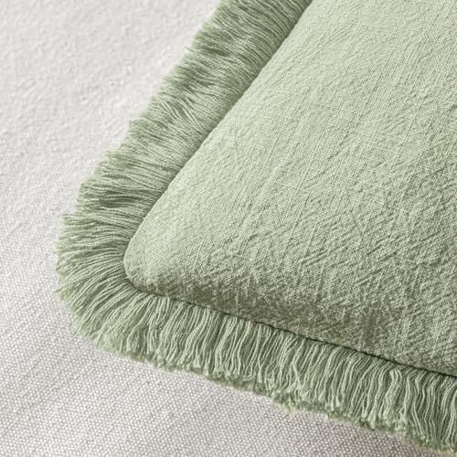 MIULEE Boho Linen Fringe Decorative Throw Pillow Covers Sage Green 18x18 - Image 3