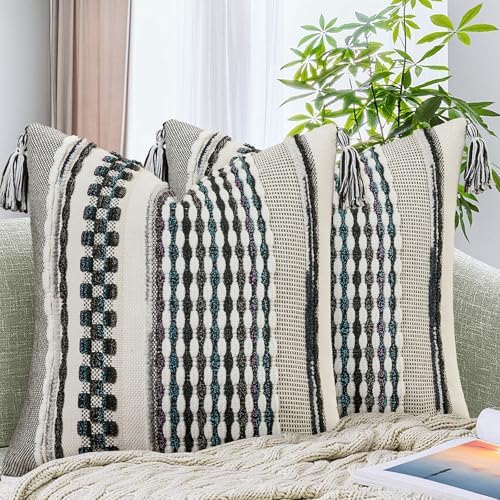 AmHoo Set of 2 Chenille Striped Textured Boho Throw Pillow Covers Aesthetic by AmHootextile