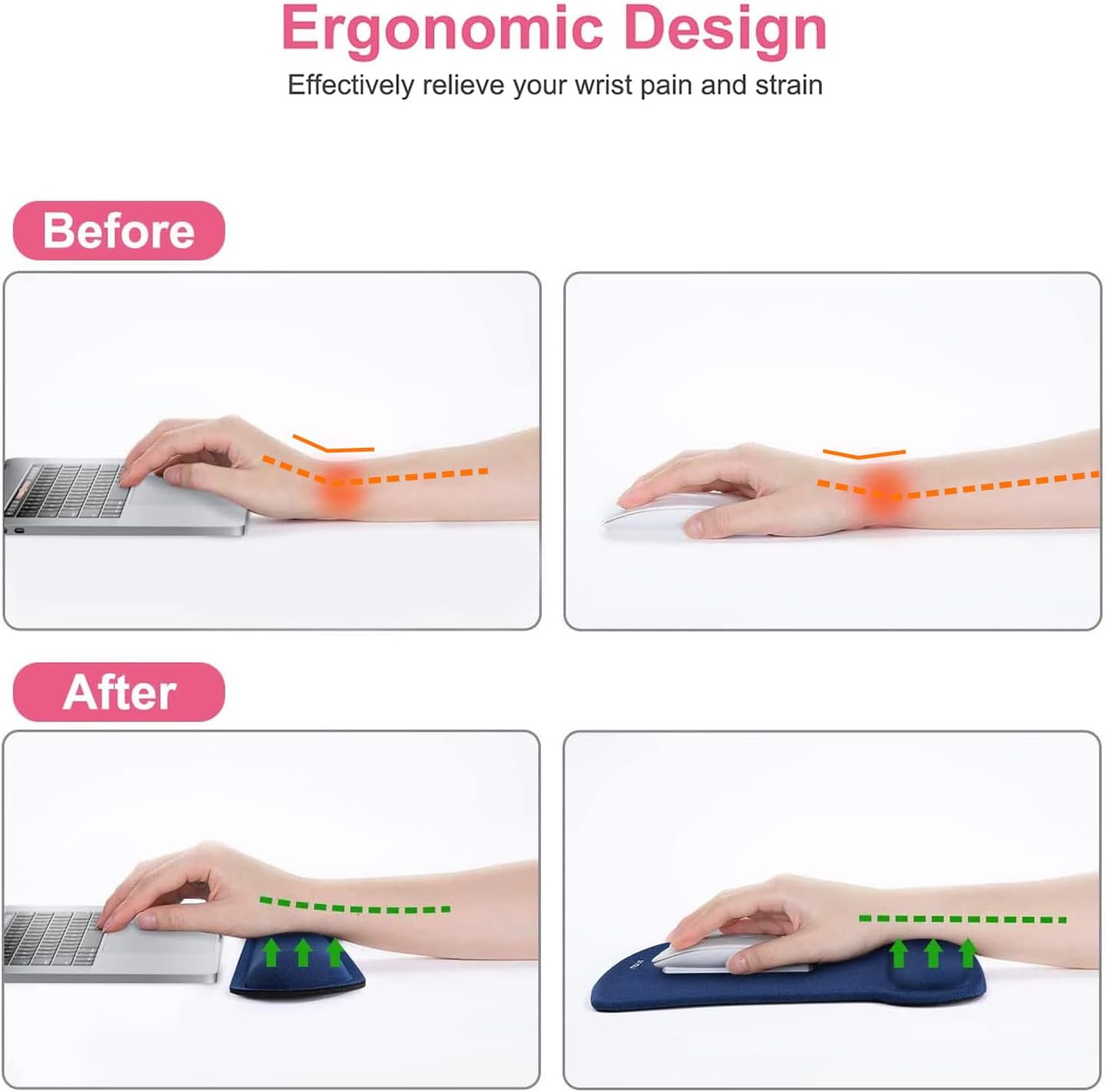 MOSISO Wrist Rest Support for Mouse Pad & Keyboard Set, Ergonomic Mousepad Non-Slip Base Home/Office Pain Relief & Easy Typing Cushion with Neoprene Cloth & Raised Memory Foam, Navy Blue