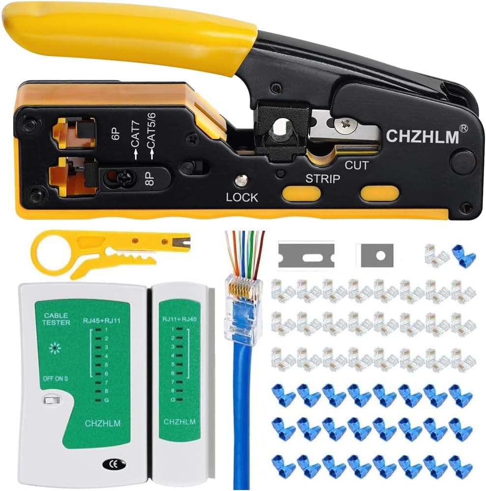 Rj45 Crimp Tool Pass Through Ethernet Crimping Tool kit for 8P-Cat7 Cat6 Cat5 6P Telephone Connector Network Crimp Tool RJ45 Crimper With Cable Tester Covers Connectors Mini Yellow Stripper