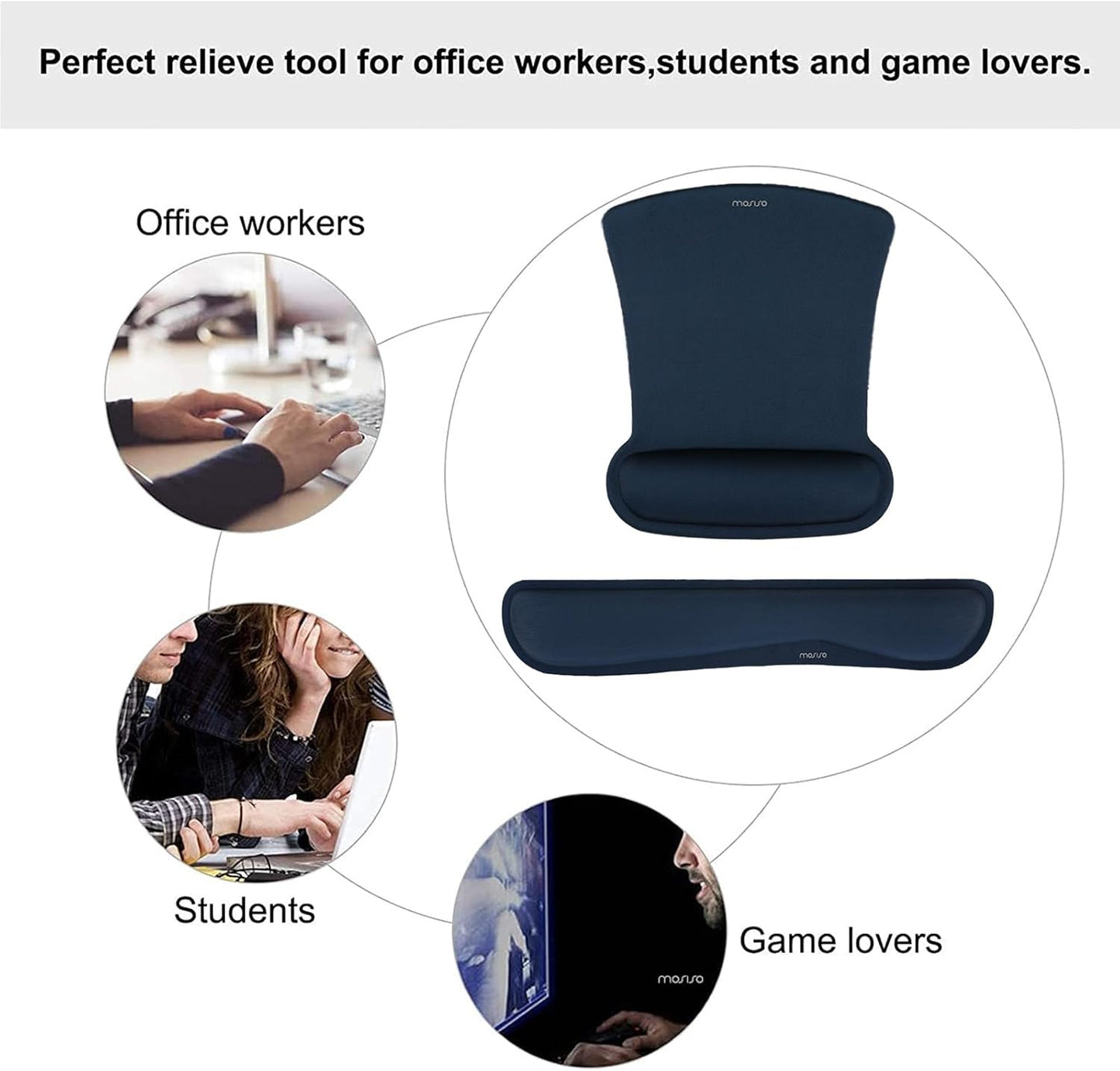 MOSISO Wrist Rest Support for Mouse Pad & Keyboard Set, Ergonomic Mousepad Non-Slip Base Home/Office Pain Relief & Easy Typing Cushion with Neoprene Cloth & Raised Memory Foam, Haze Blue