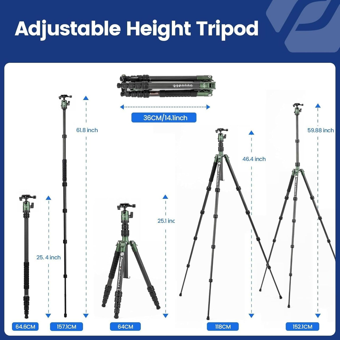 Fotopro 59" Carbon Fiber Travel Tripod, Compact Camera Tripod with Metal Ball Head, Detachable Monopod with Quick Release Plate and Bag, Load up to 8KG/17.63lbs