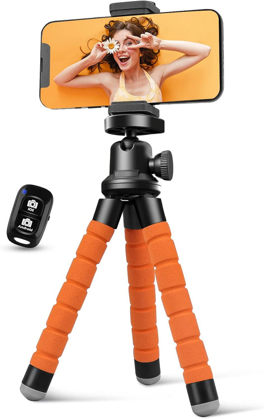 Aureday Phone Tripod, Flexible Tripod for iPhone and Android, Portable with Wireless Remote and Clip for Video Recording/Vlogging/Selfie (Orange)