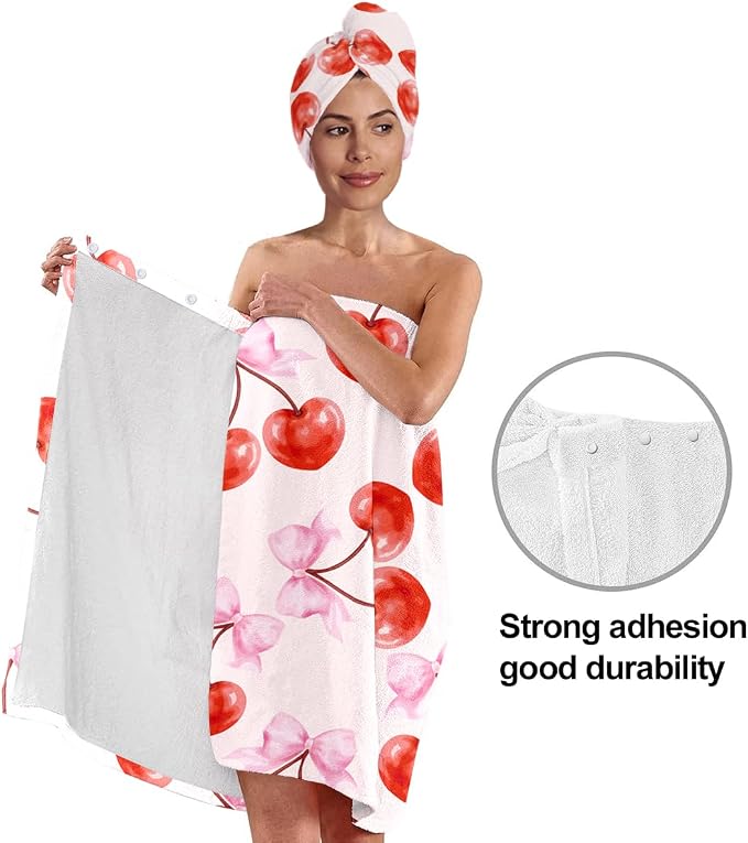 Women's Cherry Bow Towel Wrap and Hair Drying Cap Set – Pink Microfiber Shower - Image 4