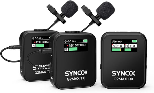 SYNCO Wireless Lavalier Microphone, G2(A2) MAX 2.4G Dual Transmitter 24 Hours Recording 656FT 8H for Online Class Vlog Stream YouTube for DSLR Phone Laptop, Professional-Lapel-Mics-for-Cameras
