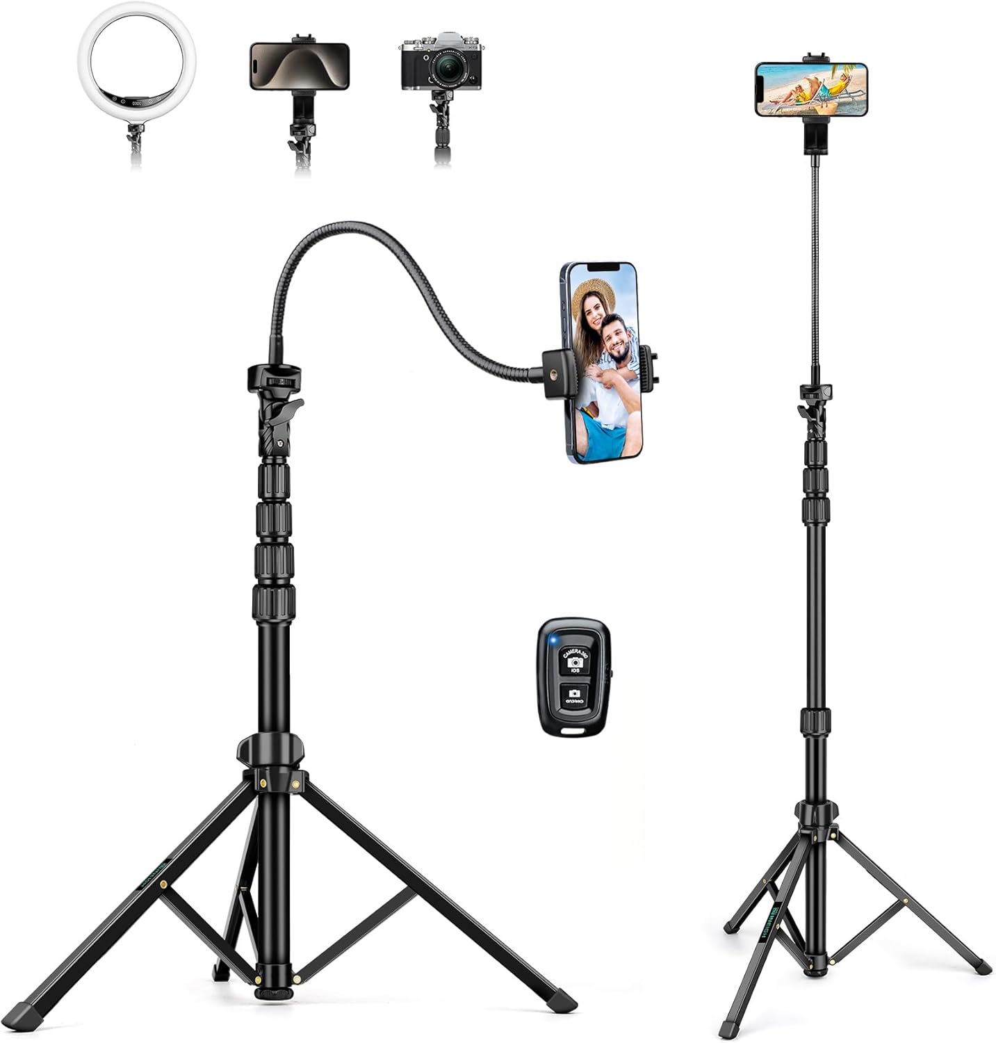 88" Tripod for iPhone, Phone Tripod with Gooseneck and Remote, Portable Cell Phone Tripod Compatible with Smartphone/Camera/Gopro, iPhone Tripod Stand for Video Recording Selfies Vlogging