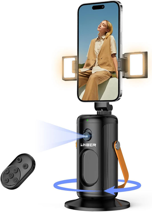 P08 Auto Face Tracking Phone Holder, No APP, 360°Rotation Phone Tracking Gimbal with Detachable Remote & 2 Fill Light, Phone Stand Gesture Control for Vlogging, Live Streaming, Video Recording