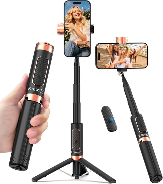 Selfie Stick Tripod for iPhone & Android, Portable Phone Tripod Stand with Bluetooth Remote, One-Click Open, Compact & Lightweight, All-in-1 for Vlog/Travel/Photography (Black)