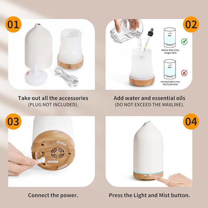 URPOWER 120ML Ceramic Essential Oil Diffuser, Ultrasonic Aromatherapy Diffuser - Image 7