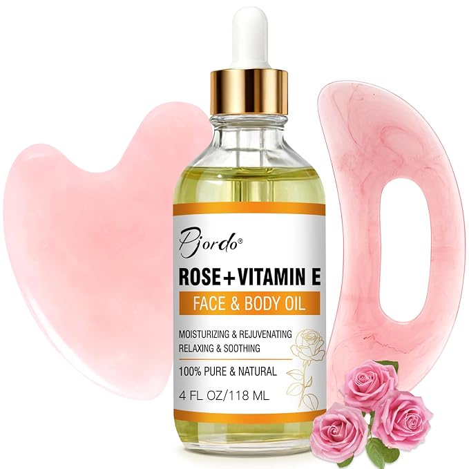 Pjordo Vitamin E Rose Oil & Gua Sha Massage Tools Set, Gua Sha Oil by Pjordo